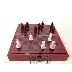 CHINESE EUC VINTAGE FOLDING CHESS SET DRAGON PHEONIX BOX